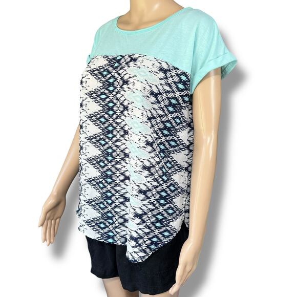 Jolt Womens Blouse Shirt Top Geo Print Pullover Short Sleeve Blue Teal Large - Picture 6 of 9